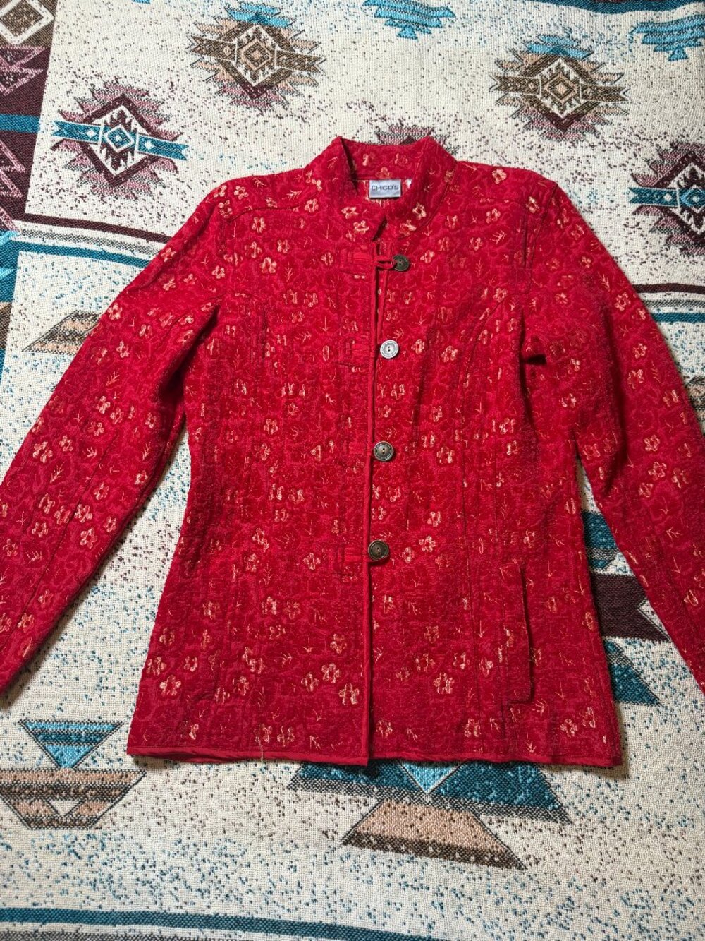 Chico’s Red Floral Jacquard Mandarin Collar Button Jacket Blazer Size 1